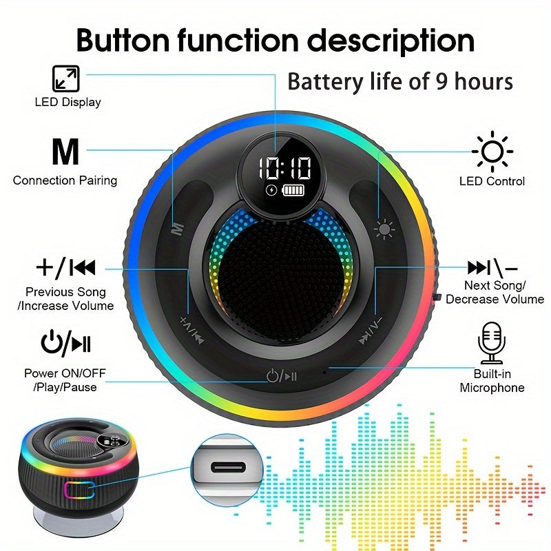 Portable Wireless Bathroom Speaker with Suction Cup - Stereo Sound, Built-In Microphone, 9-Hour Battery Life - Ideal for Travel, Parties and Outdoor Use