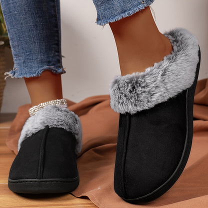 Fluffy Solid Color Cozy Slippers - Soft Sole Flat Closed Toe Plush Lined Winter Non-Slip Home Warm Shoes