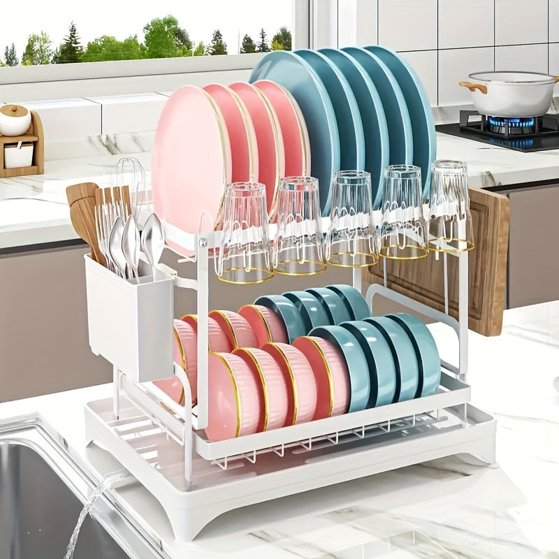 2 Tier Rustproof Metal Dish Rack with Drainboard and Utensil Holder – Space-Saving Kitchen Countertop Organizer for Dishes and Utensils, Easy to Clean