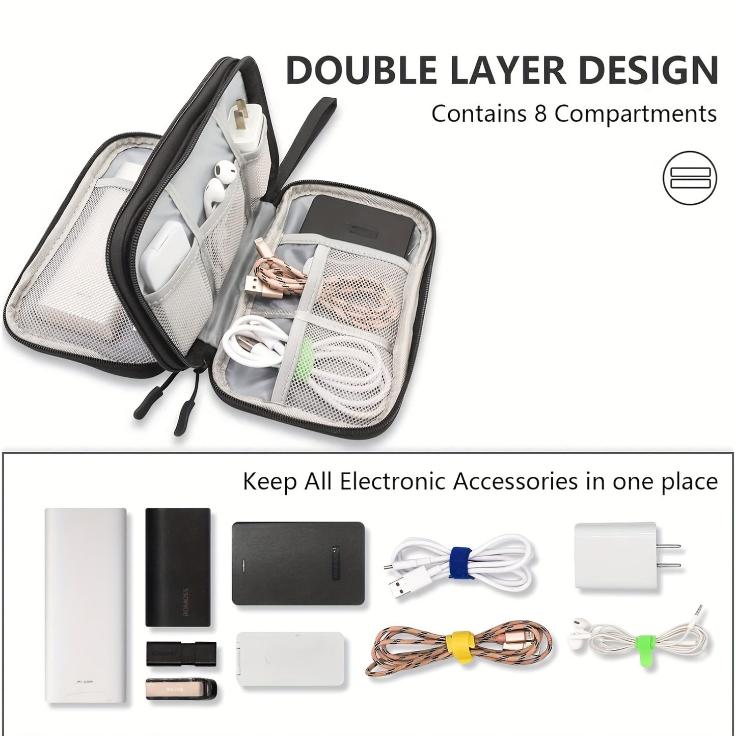 8 Compartment Travel Organizer with Waterproof Pockets - Ideal for Organizing Electronics and Accessories on the Go