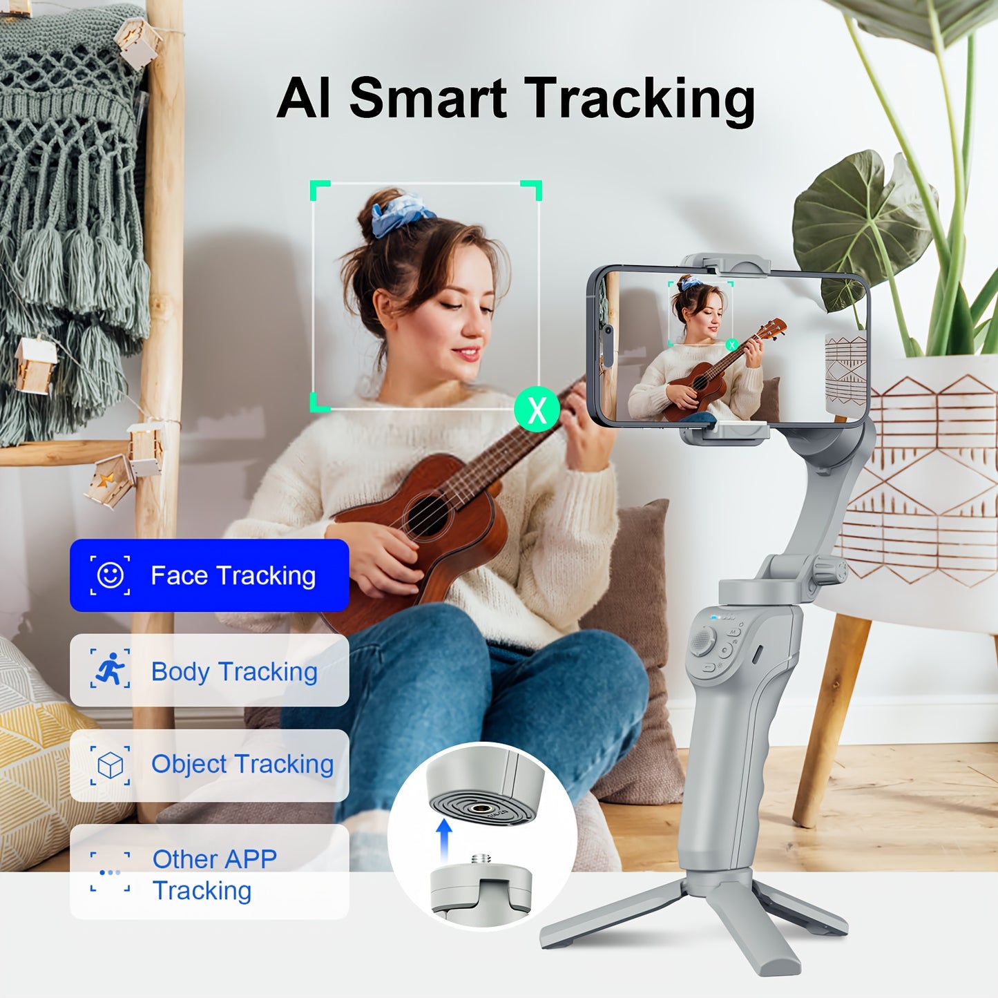 3-Axis AI Smartphone Gimbal Stabilizer Plus - Advanced Object & Face Tracking, 360° Rotation, LED Light, Tripod, Anti-Shake, Wireless Rechargeable Battery for TikTok Videos