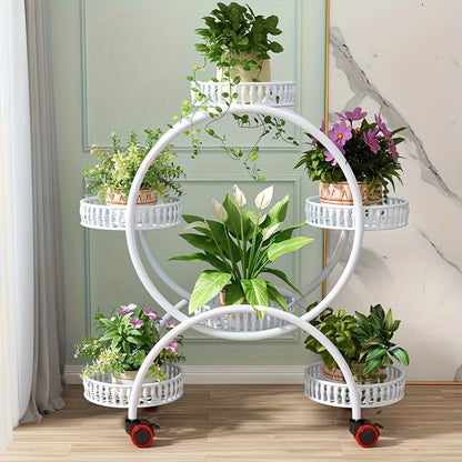 Multilayer Iron Art Flower Rack with Wheels - Floor Standing Indoor Shelves for Green Pots, Household Living Room and Balcony Flower Organizer