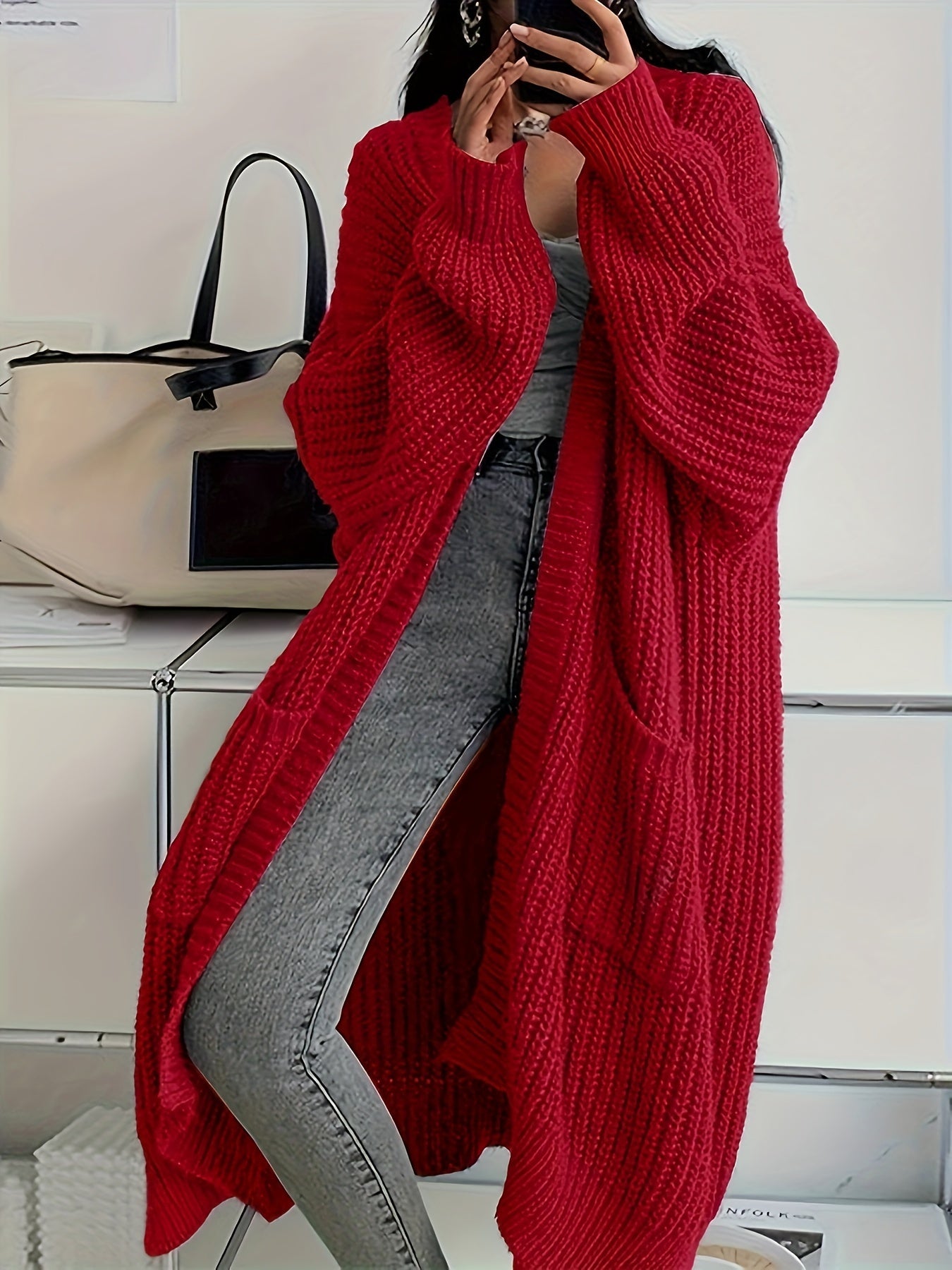 Solid Color Open Front Knitted Cardigan - Casual Long Sleeve Long Length for Spring and Fall Women's Clothing