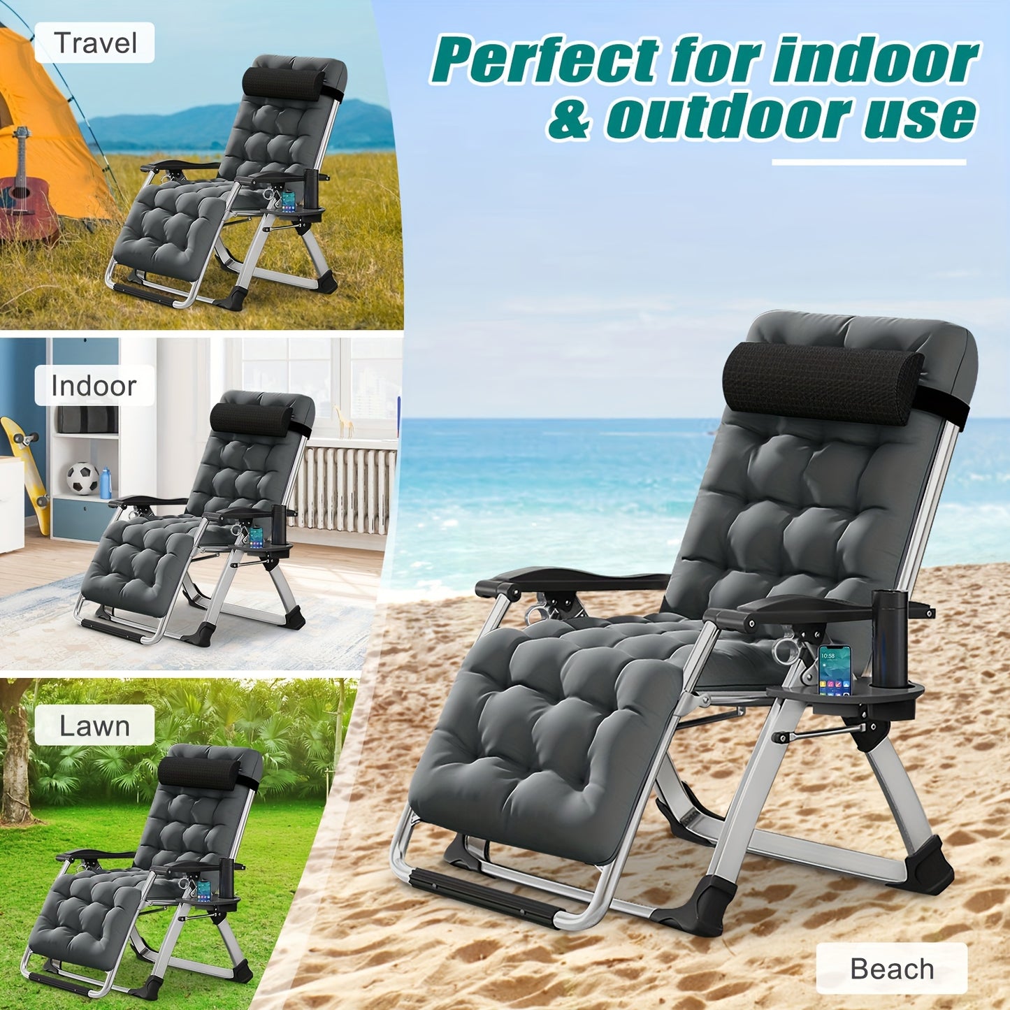 Zero Gravity Chair – Reclining Lounge Chair with Removable Cushion & Cup Holder, Indoor/Outdoor Patio Recliner, Supports Up to 440lbs