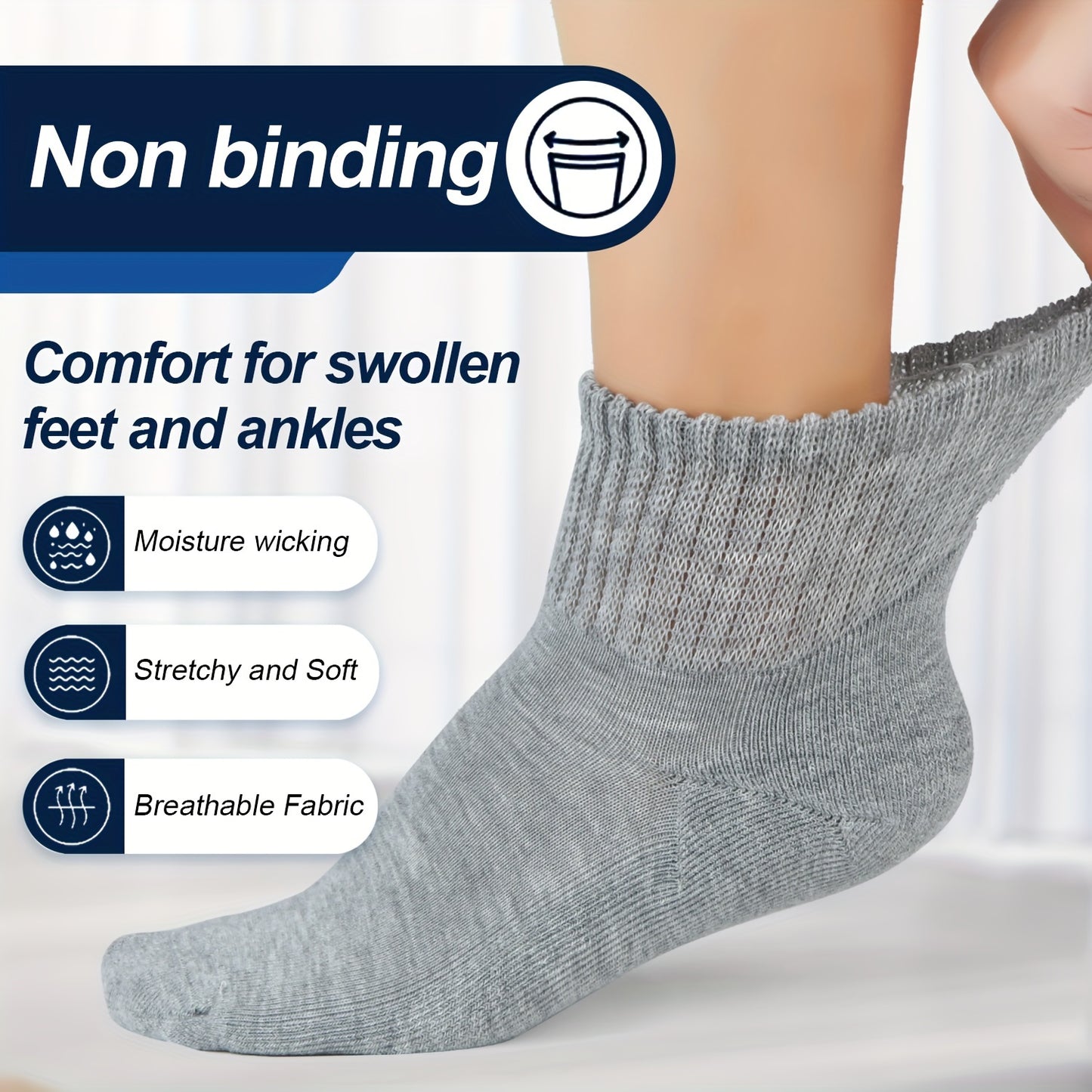 6 Pairs Unisex Diabetic Crew Socks – Cushioned Sole, Seamless Toe, Non-Binding Top, Breathable Knit Fabric Blend of Polyester, Nylon, and Spandex