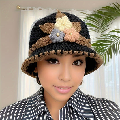 Elegant Flower Crochet Bucket Hat - Lightweight & Warm Knitted Fisherman Cap for Women, Autumn & Winter