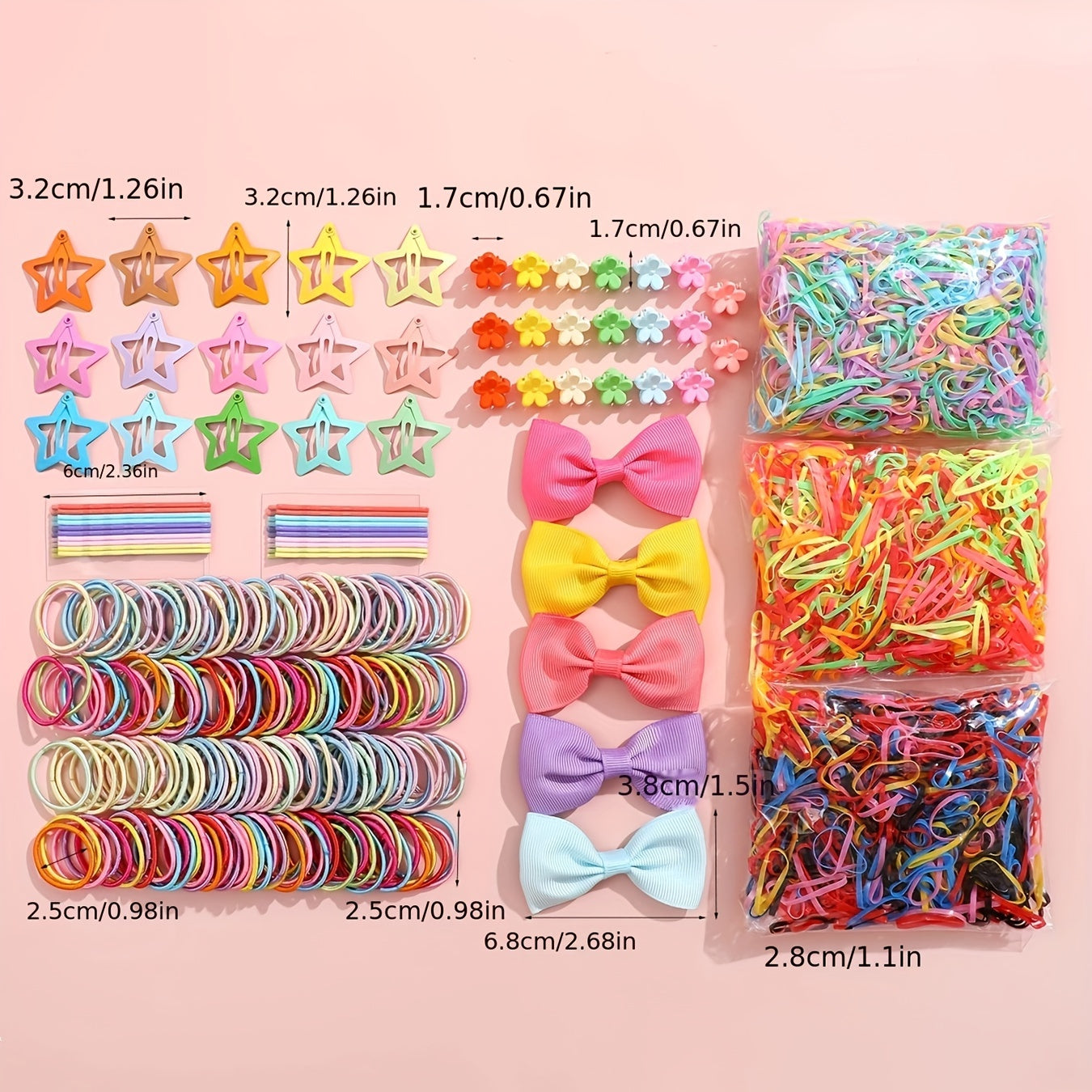 860pcs Dopamine Fashion Hair Accessory Set for Women – Colorful Elastic Bands, Bow & Flower Clips with Stars, Cute Sweet Style, All Seasons