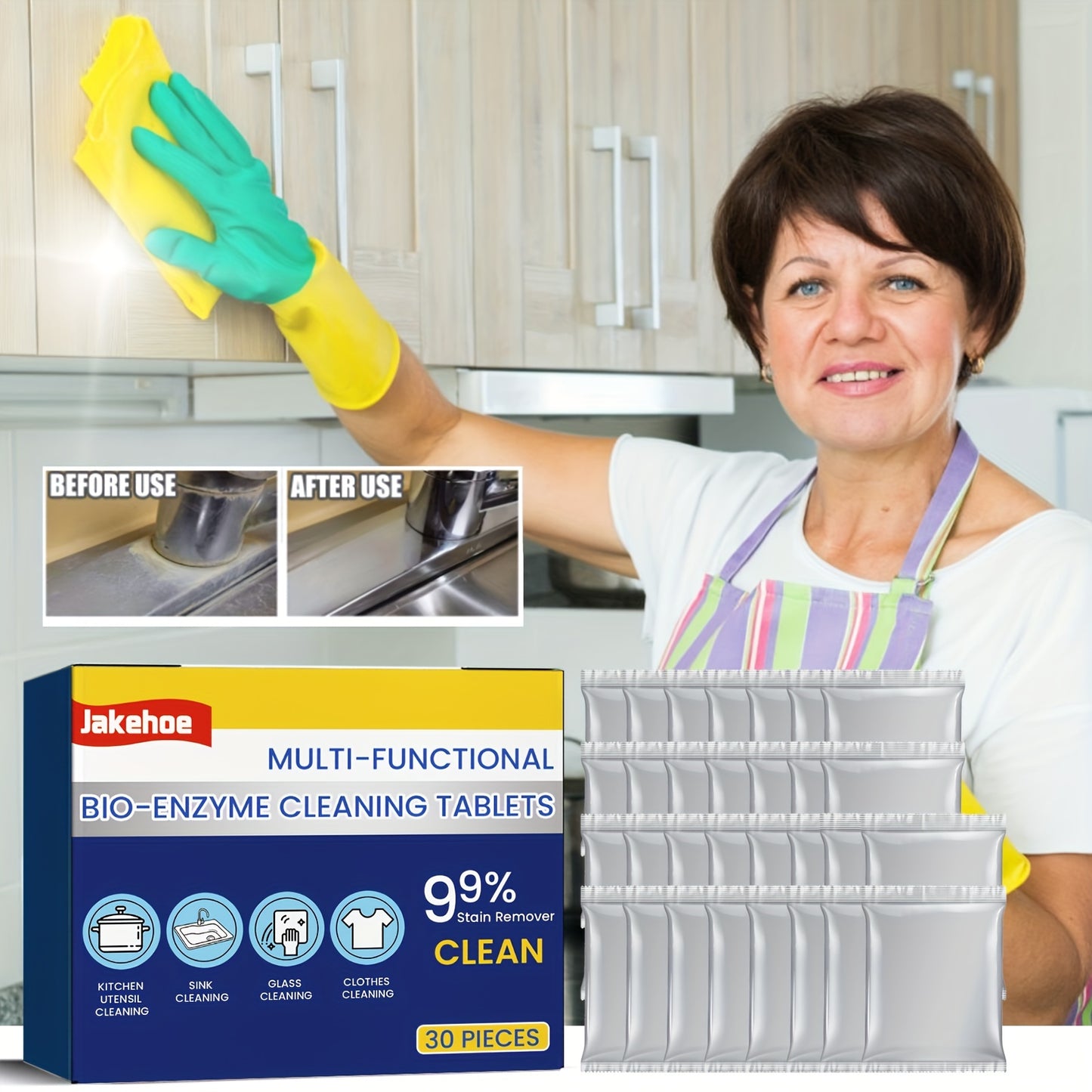 30pcs Multi-Purpose Cleaning Tabs - Stainless Steel Rust Remover & Stain Cleaner for Bathroom, Kitchen, and Restaurant
