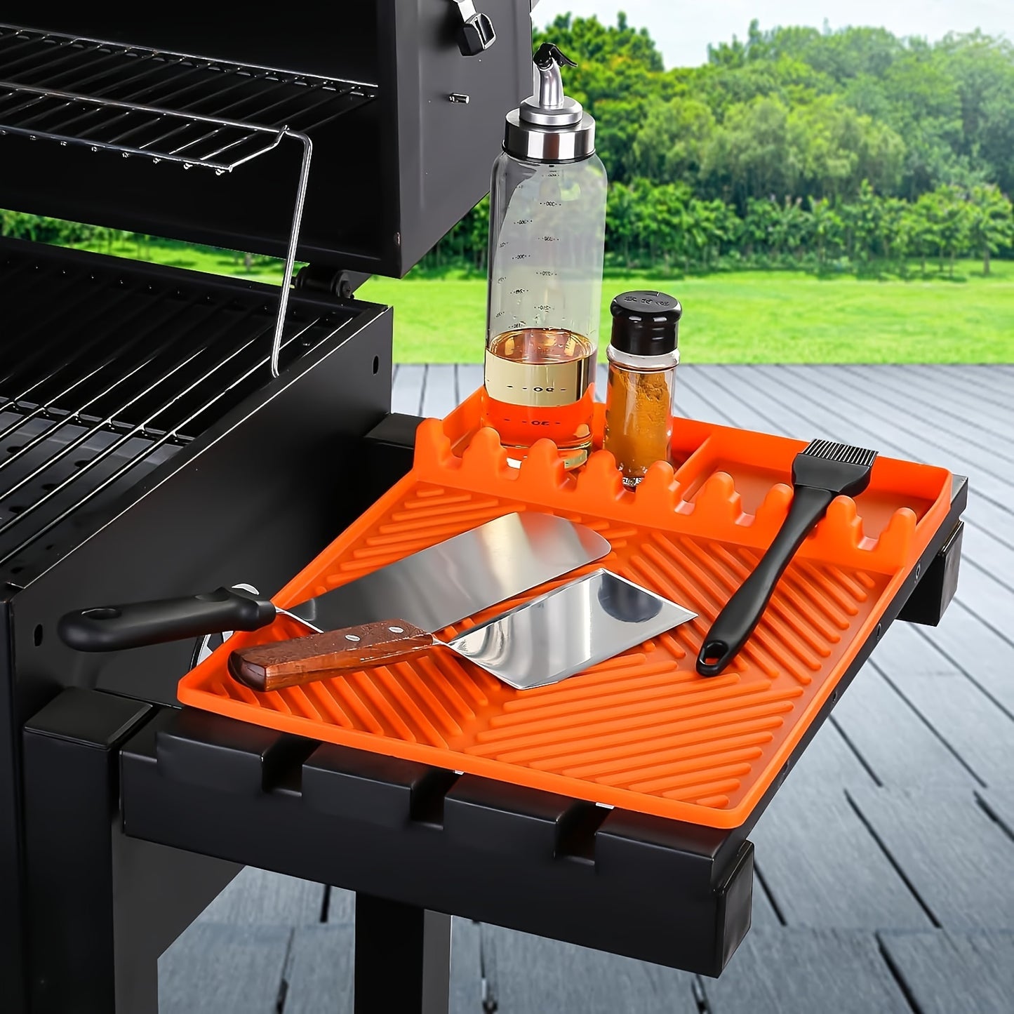 Grill Mat Side Shelf for Blackstone - Silicone Grill Pad, Large Spatula Mat with Drip Pad, BBQ Caddy and Utensil Holder, Outdoor Grill and Kitchen Counter Accessory