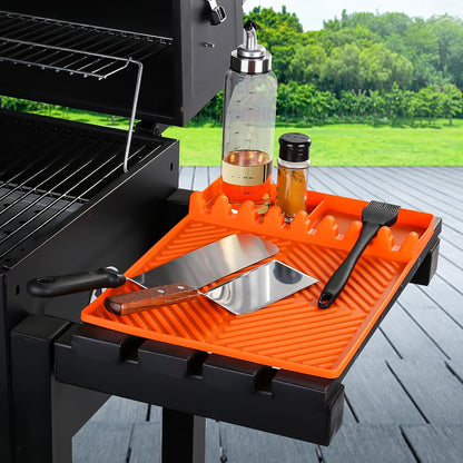 Grill Mat Side Shelf for Blackstone - Silicone Grill Pad, Large Spatula Mat with Drip Pad, BBQ Caddy and Utensil Holder, Outdoor Grill and Kitchen Counter Accessory