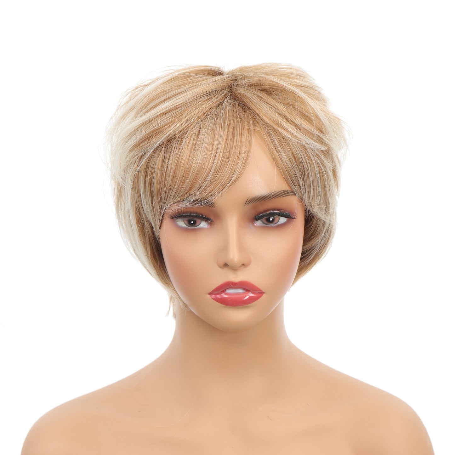 Ladies' Short Pixie Cut Wig - Blonde Straight Hair, Rose Net Cap, Synthetic Fiber, Suitable for All Ethnicities