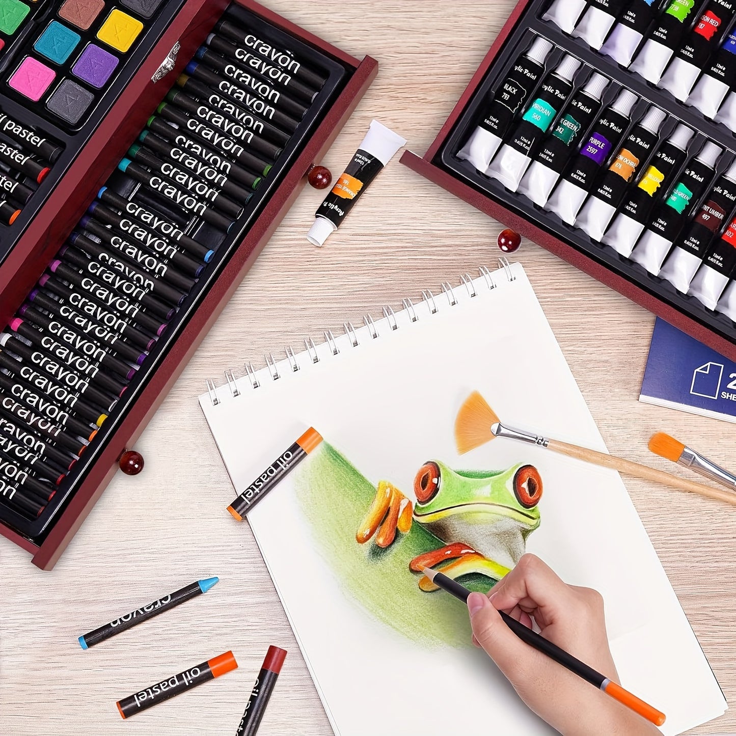 175 Piece Deluxe Art Set with 2 Drawing Pads - Professional Art Kit in Wooden Case, Includes Crayons, Acrylic Paints, Colored Pencils for Artists & Teens, Ideal for Halloween and Christmas Gifts