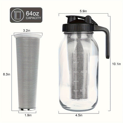 64oz Large Capacity Cold Brew Coffee Maker – Ultra-Dense Filter, 3-Step Brewing, BPA-Free Mason Jar, Includes Cleaning Brush – Effortless Iced Coffee
