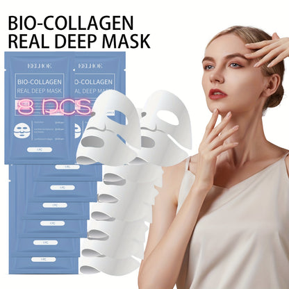 8Pcs Bio-Collagen Deep Mask Pack - Hydrating, Firming, Anti-Aging Facial Sheet Masks | Rich in Collagen, Hyaluronic Acid, Vitamin E, Nicotinamide | Moisturizing, Brightening for All Skin Types