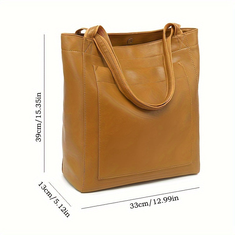 Retro Solid Color Tote Bag – Oil Leather PU Shoulder Bag, Multi-Pocket Handbag for Daily Use