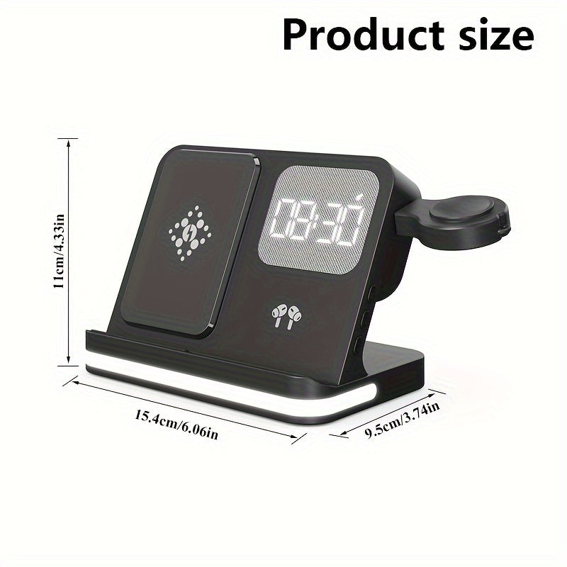 4-in-1 Wireless Fast Charger with Clock and Night Light - Compatible with All Apple Phones, Headphones and Watches