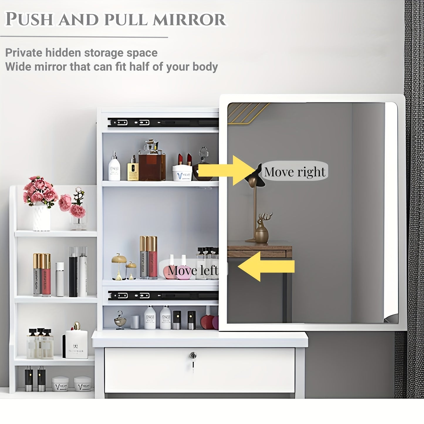 White Dressing Table with Sliding Mirror and Stool - 4 Drawers, High-End Bedroom Cabinet, Integrated Design for Small Apartments