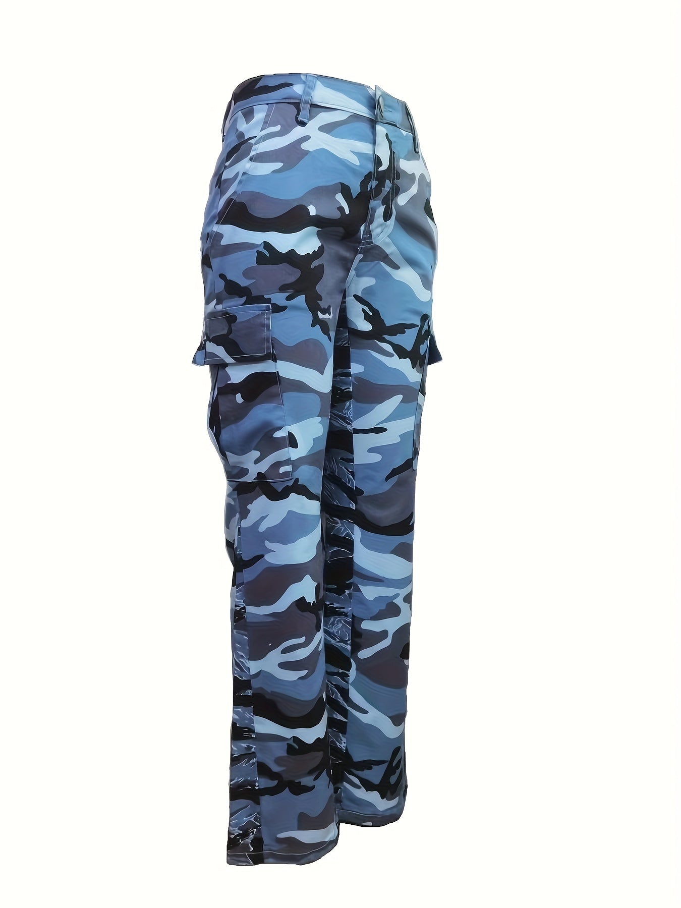 Fashionable High-Waist Camouflage Cargo Jeans – Sleek Straight Fit with Medium Stretch & Stylish Flap Pockets – Trendy High-Rise Denim Pants for Women