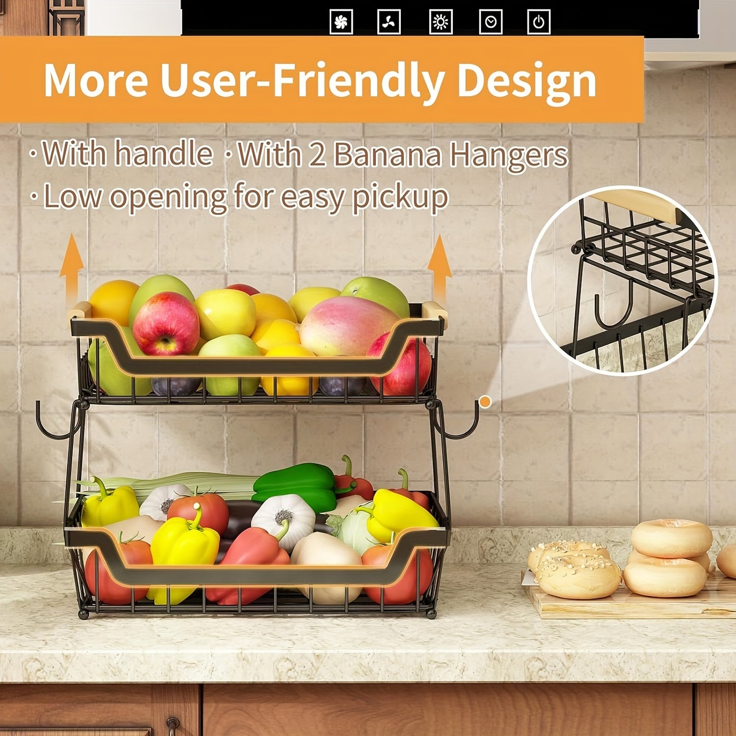 2 Tier Countertop Fruit Basket with 2 Banana Hangers - Detachable Metal Organizer for Bread, Vegetables & Fruits, Large Capacity Rectangular Storage Stand with Wooden Handle, Black