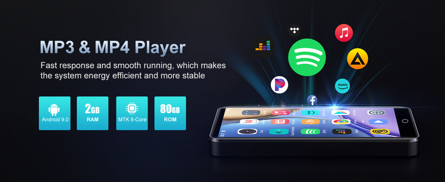80GB Android 9.0 MP3 Player - Bluetooth, WiFi, 4.0-Inch Touchscreen, Speakers, FM Radio, eBooks, Expandable Up to 512GB