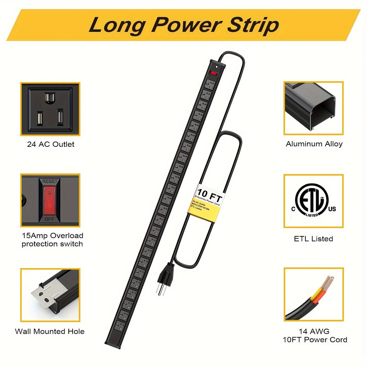 24 Outlet Heavy Duty Metal Power Strip - 10 Ft Extension Cord, Wall Mountable, Surge Protected, Space-Saving Design for Industrial, Commercial, and Home Use