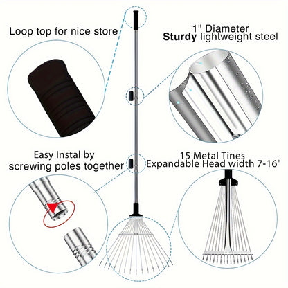 Adjustable Metal Leaf Rake with Long Handle - Heavy-Duty Garden Rake for Lawns, Expandable Head for Leaves, Perfect for Women, Kids, Gardening, and RV Camping