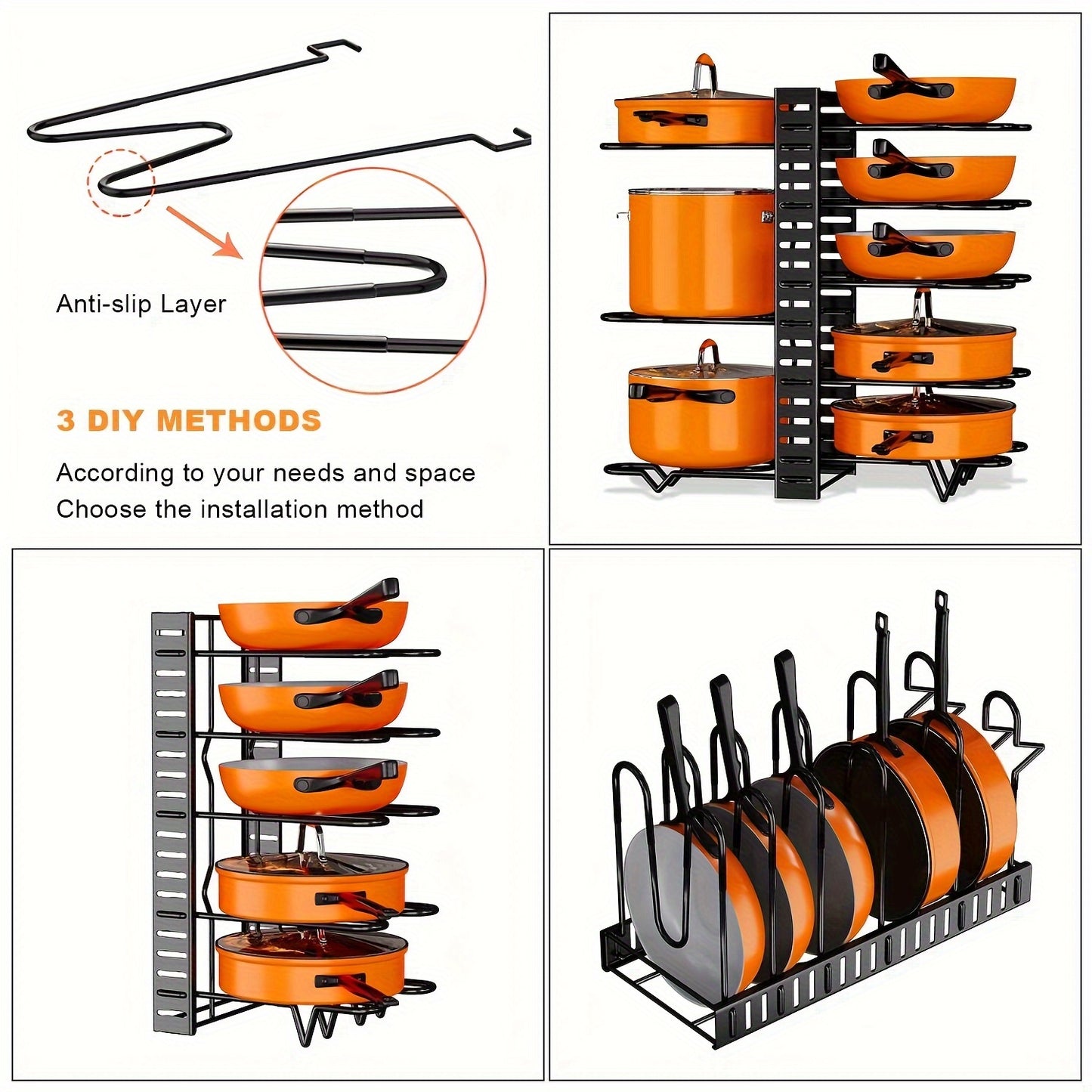 8-Tier Pot Organizer Rack - Metal Kitchen Cabinet Storage for Pots and Pans, Space-Saving Holder