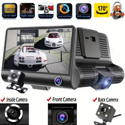 1080P Three Camera Recorder - On-Dash Cameras with Night Vision, Car DVR for Safe Driving