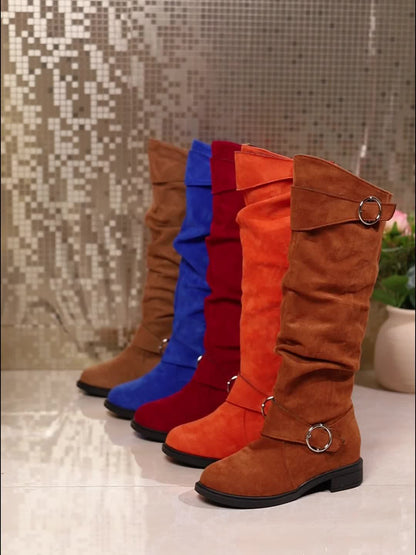 Trendy Solid Color Knee-High Boots - Buckle Belt, Pull-On, Chunky Heel, Slouchy Round Toe Winter Boots for Women