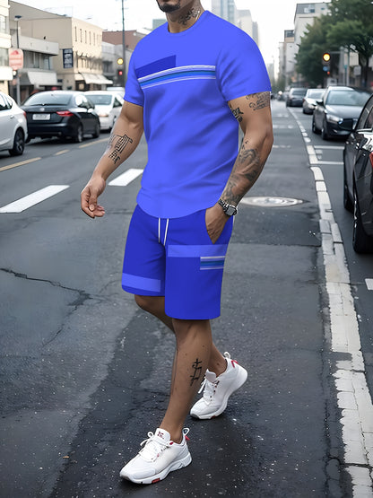 2-Piece Men's Color Blocked Summer Co-ord Set – Short Sleeve Crew Neck T-Shirt and Drawstring Shorts with Pockets