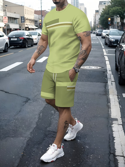 2-Piece Men's Color Blocked Summer Co-ord Set – Short Sleeve Crew Neck T-Shirt and Drawstring Shorts with Pockets