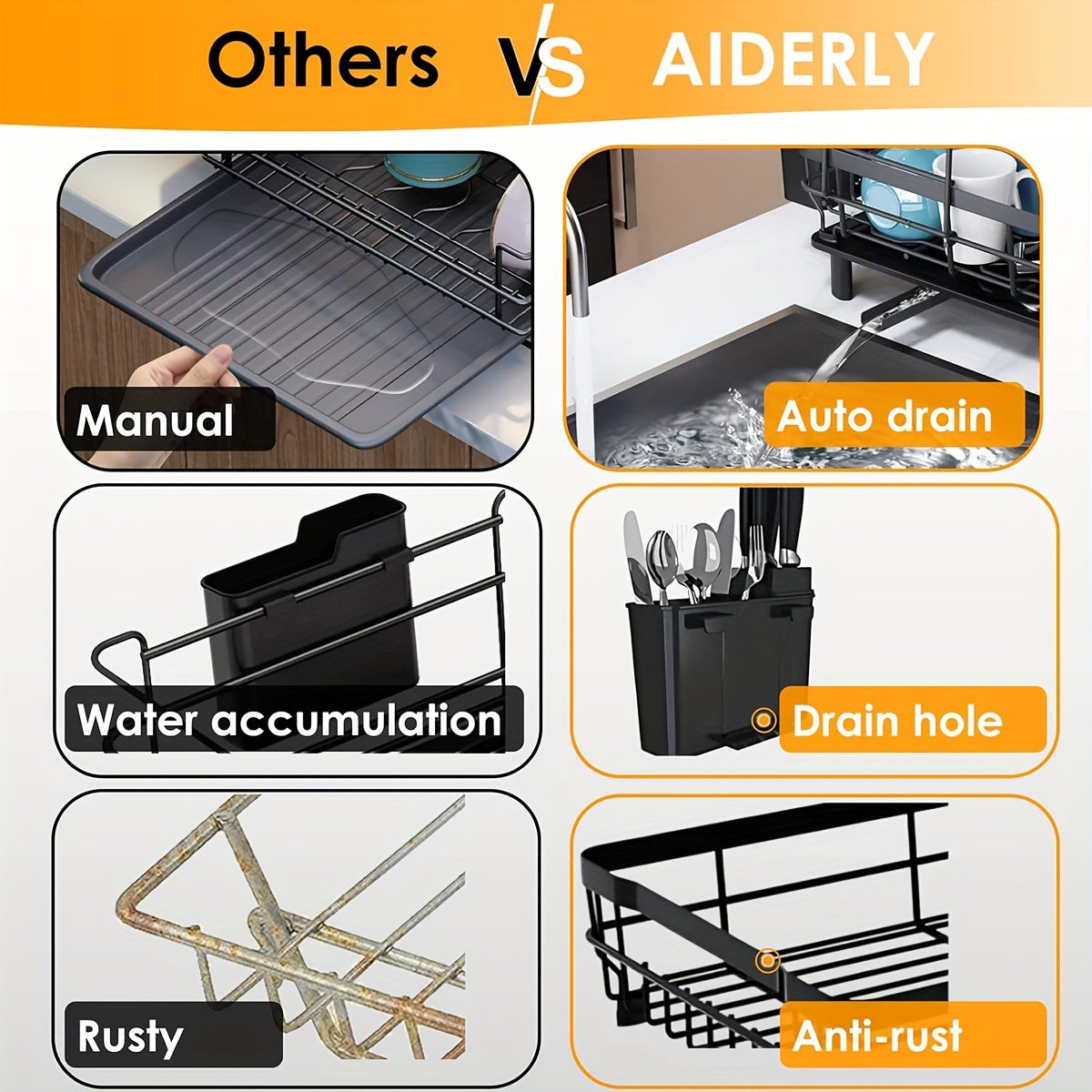 2-Tier Iron Bowl and Dish Drying Rack - Space-Saving Kitchen Organizer with Knife Cup and Tableware Holder - Rust-Resistant Metal Construction for Easy Cleaning