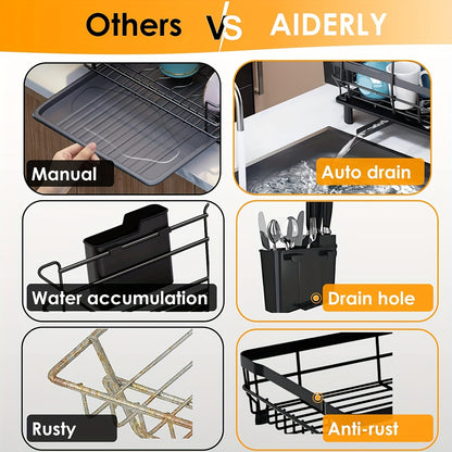 2-Tier Iron Bowl and Dish Drying Rack - Space-Saving Kitchen Organizer with Knife Cup and Tableware Holder - Rust-Resistant Metal Construction for Easy Cleaning