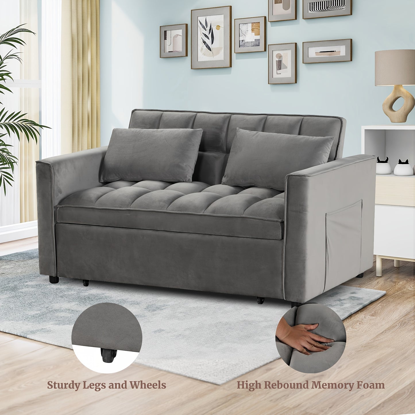 3-in-1 Multifunctional Sofa Bed – Modern Velvet Convertible Sleeper with Adjustable Backrest, Side Storage Pockets and Pillows – Ideal for Living Room