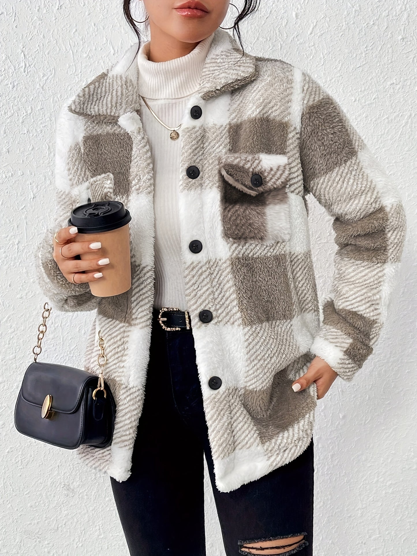 Plaid Pattern Button Front Jacket – Elegant Long Sleeve Warm Outerwear for Fall & Winter, Women's Clothing
