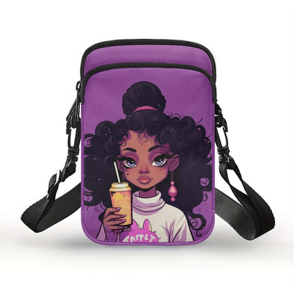 Chic African Girl Print Crossbody Bag - Trendy, Lightweight Double Layer with Adjustable Strap and Zip Closure for Daily Use