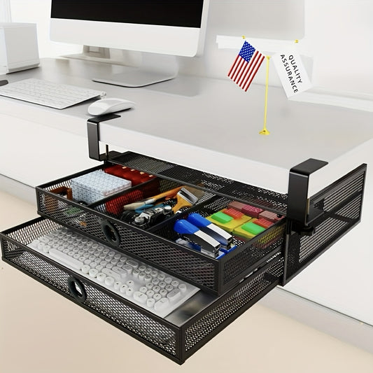 Under Desk Drawer Organizer Clamp-On - Mesh Metal Desk Attachment with 2 Slide-Out Drawers for Office Supplies and Home Essentials, Storage and Transport Solution