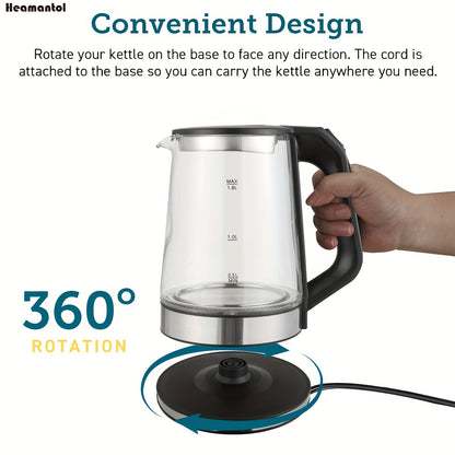 1.8L Electric Tea Kettle – Borosilicate Glass, Auto Shut Off, LED Indicator, BPA-Free for Coffee & Tea