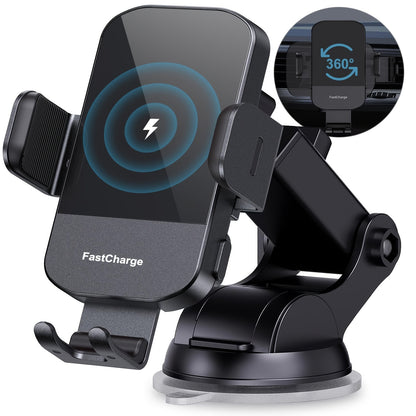 CHGeek Wireless Car Charger - 15W Fast Charging Auto Clamping Phone Mount and Holder, Fits iPhone 15/14/13/12/11 Pro Max Xs, Samsung Galaxy S24/S23/S22/S21/S20/S10+, Black