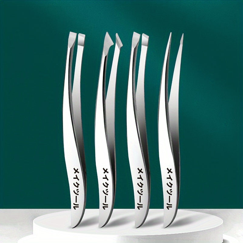 Japanese Banana Tweezer Set - 4-Piece Stainless Steel Precision Tweezers for Eyelash, Eyebrow, and Ingrown Hair Removal