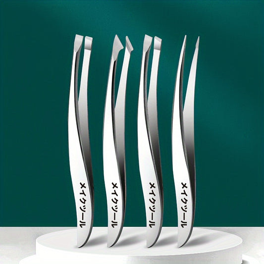 Japanese Banana Tweezer Set - 4-Piece Stainless Steel Precision Tweezers for Eyelash, Eyebrow, and Ingrown Hair Removal