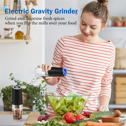 Gravity Electric Salt and Pepper Grinder Set: Battery-Powered with LED Light, One-Handed Automatic Operation, Adjustable Coarseness, Black - Kitchen Gadget Gift Idea