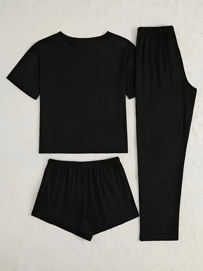 Women's 3-Piece Casual Pajama Set with Letter Print - Includes Short Sleeve Top, Long Pants and Shorts