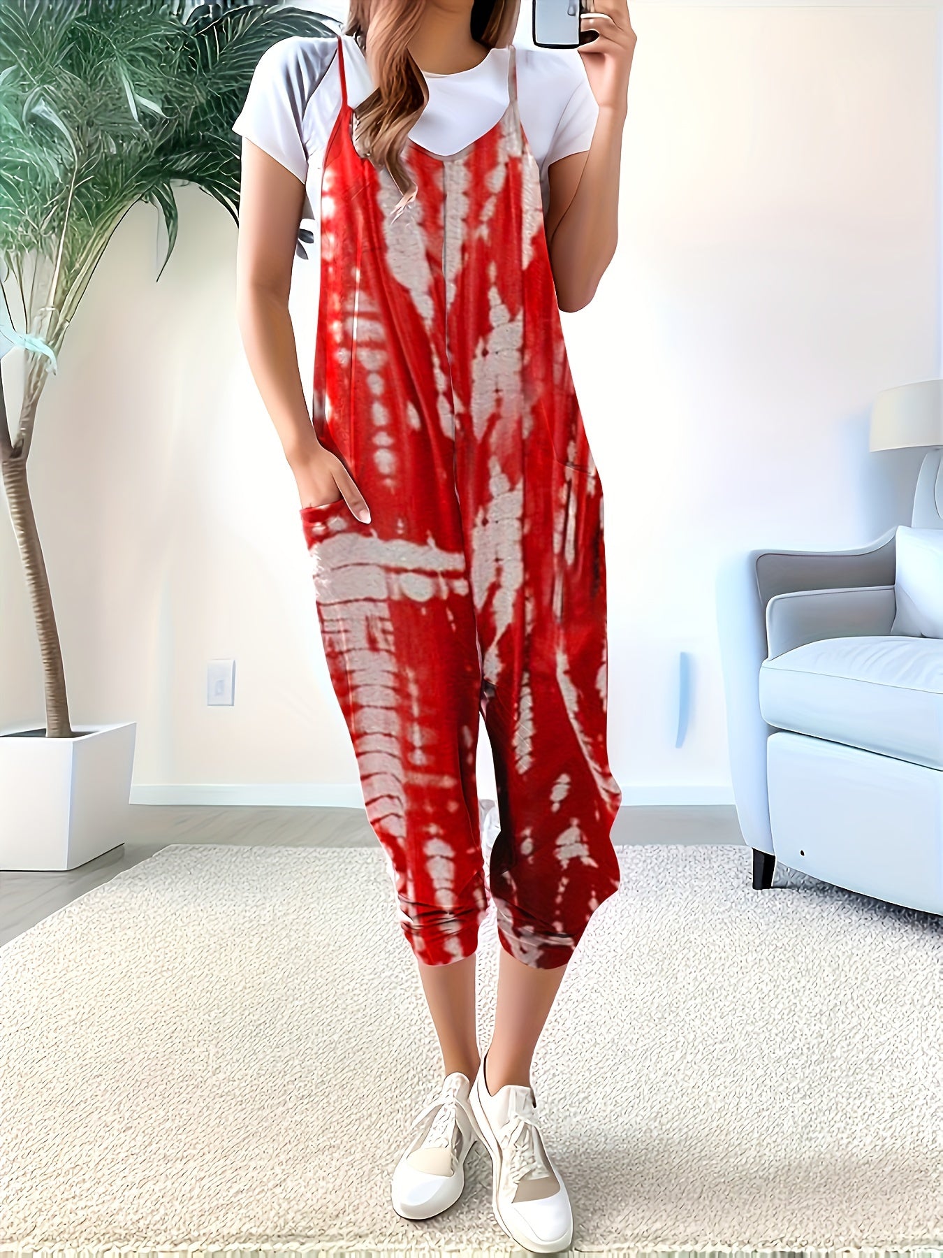 Solid Patched Pockets Overall Jumpsuit – Versatile V-Neck Design for Spring and Summer – Women’s Clothing