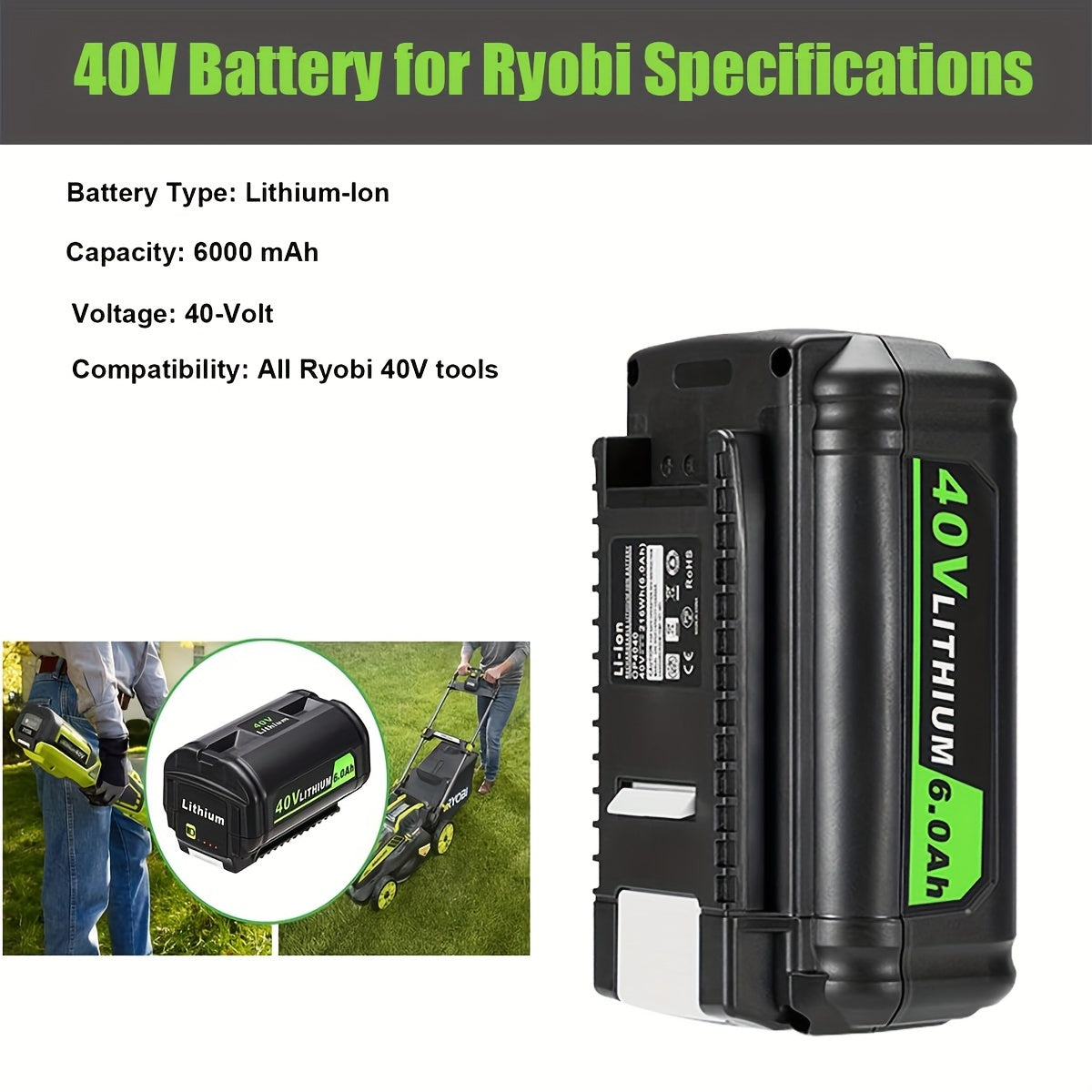 High-Capacity 40V 6.0Ah Lithium Battery Replacement – Compatible with Ryobi 40V Cordless Tools – Long-Lasting, Reliable, Safe Performance
