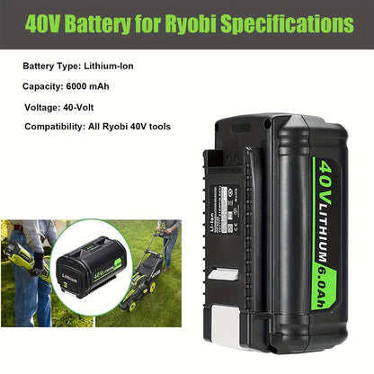 High-Capacity 40V 6.0Ah Lithium Battery Replacement – Compatible with Ryobi 40V Cordless Tools – Long-Lasting, Reliable, Safe Performance