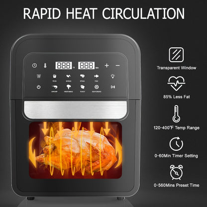 6.5 Qt Large Capacity 8-in-1 Air Fryer Toaster Oven Combo - LCD Touchscreen, Stainless Steel Rack and Non-Stick Basket - Healthy Cooking, Space-Saving Design - Black