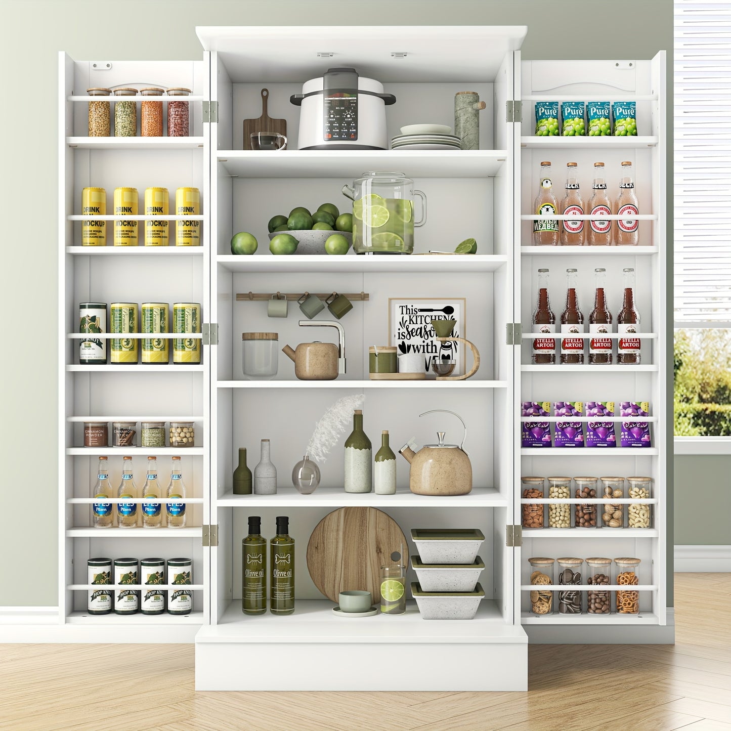47 Inch White Kitchen Pantry Storage Cabinet – Freestanding Pantry with Doors & Adjustable Shelves, Buffet Cupboard for Kitchen, Living Room, Dining Room