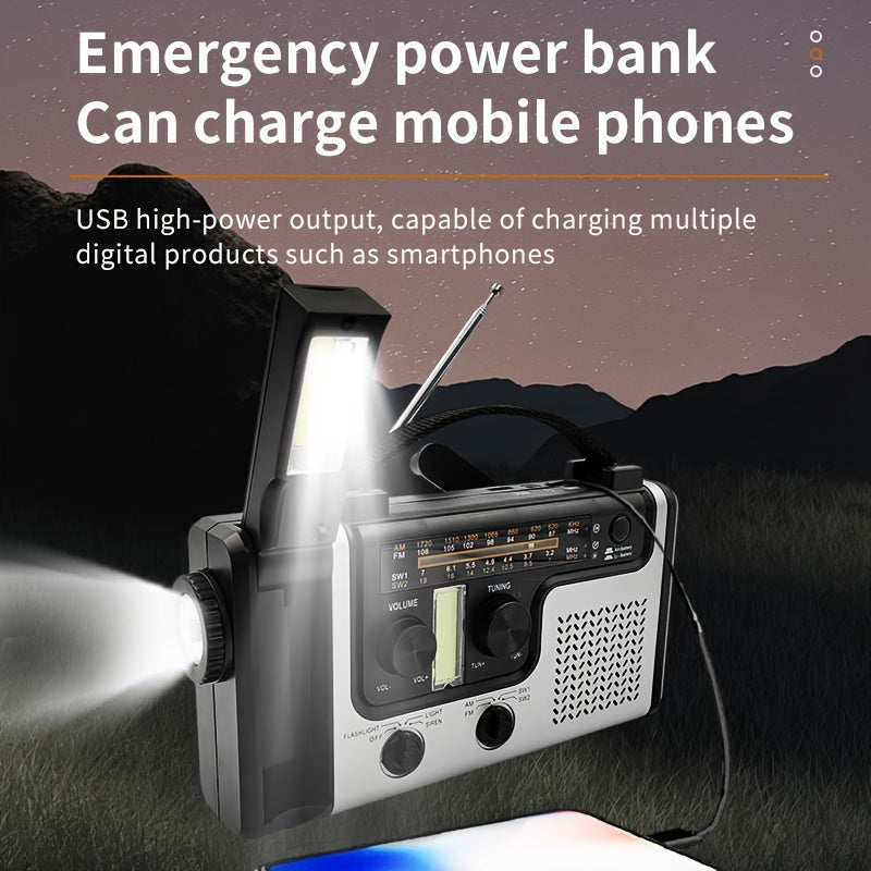 Solar & Hand Crank Emergency Radio – AM/FM/SW Bands, LED Flashlight, SOS Alarm, Phone Charger for Outdoor Survival