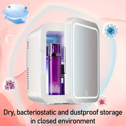 4L Mini Refrigerator with LED Makeup Mirror Panel – 3-Speed Brightness Light, Auto Defrost, Computer Temperature Control, Ideal for Skincare, Cosmetics, Drinks, Snacks, Car Travel, Home
